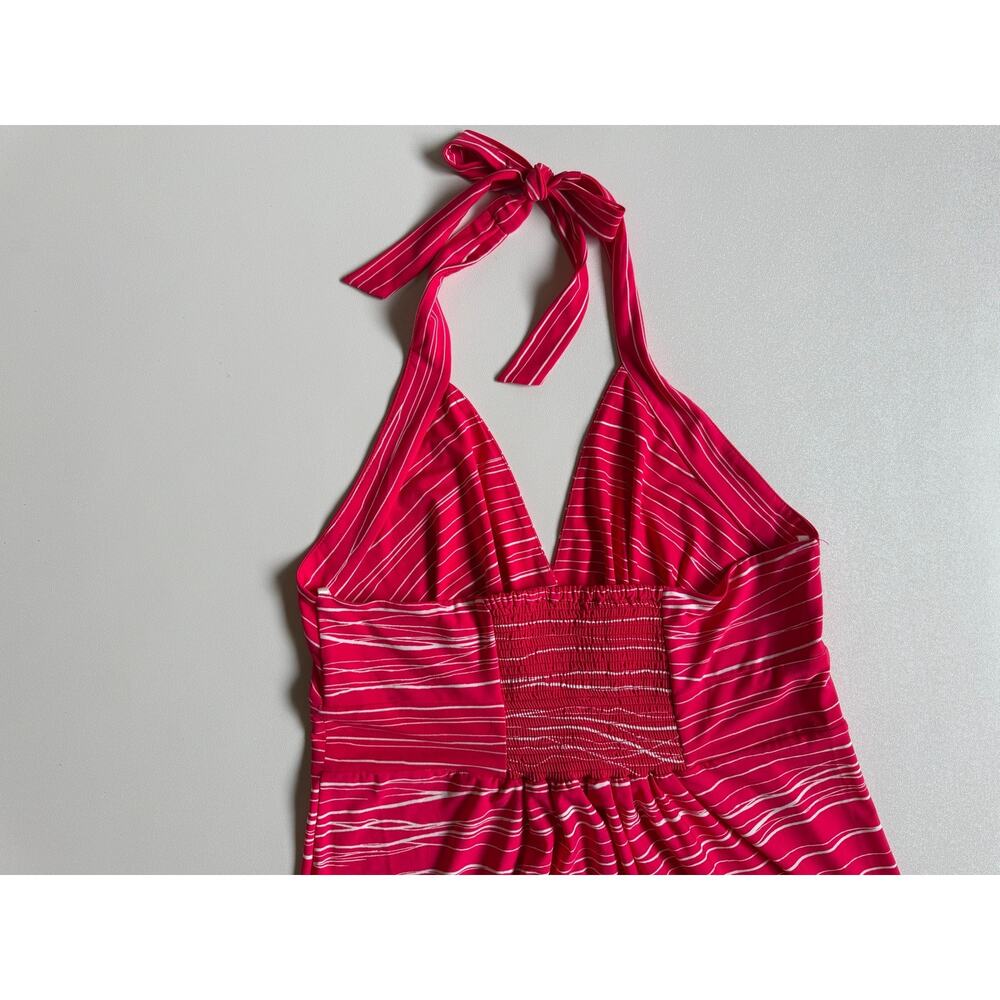 New BCBGMaxazria Women's Red White Floral Pleate Bodice Maxi Halter Dress Size L - Picture 7 of 12